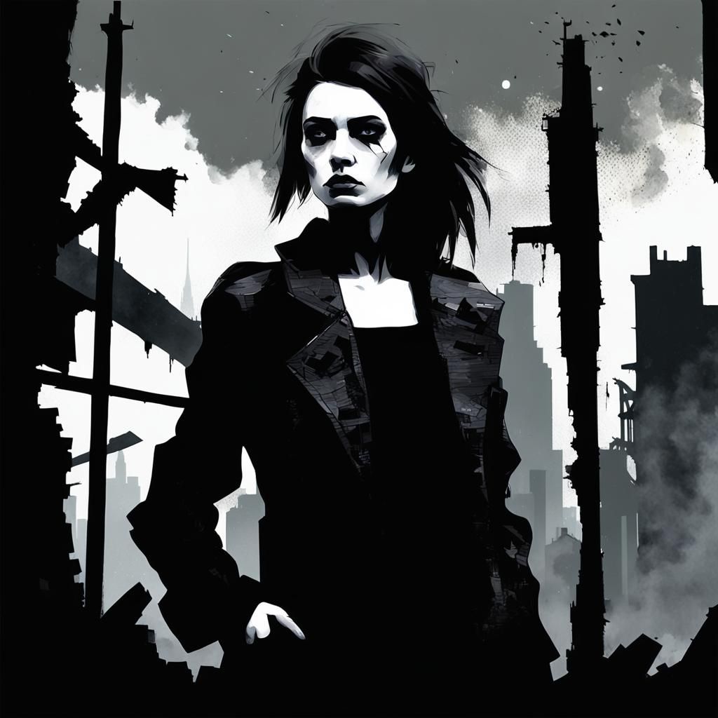 Goth Fashion Icon in Dystopian Cityscape