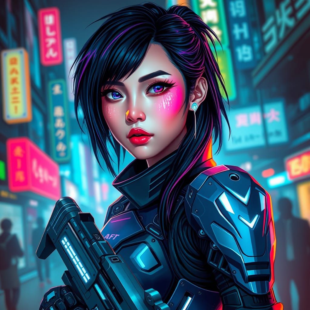 Cyberpunk Asian Woman in Neon Cityscape