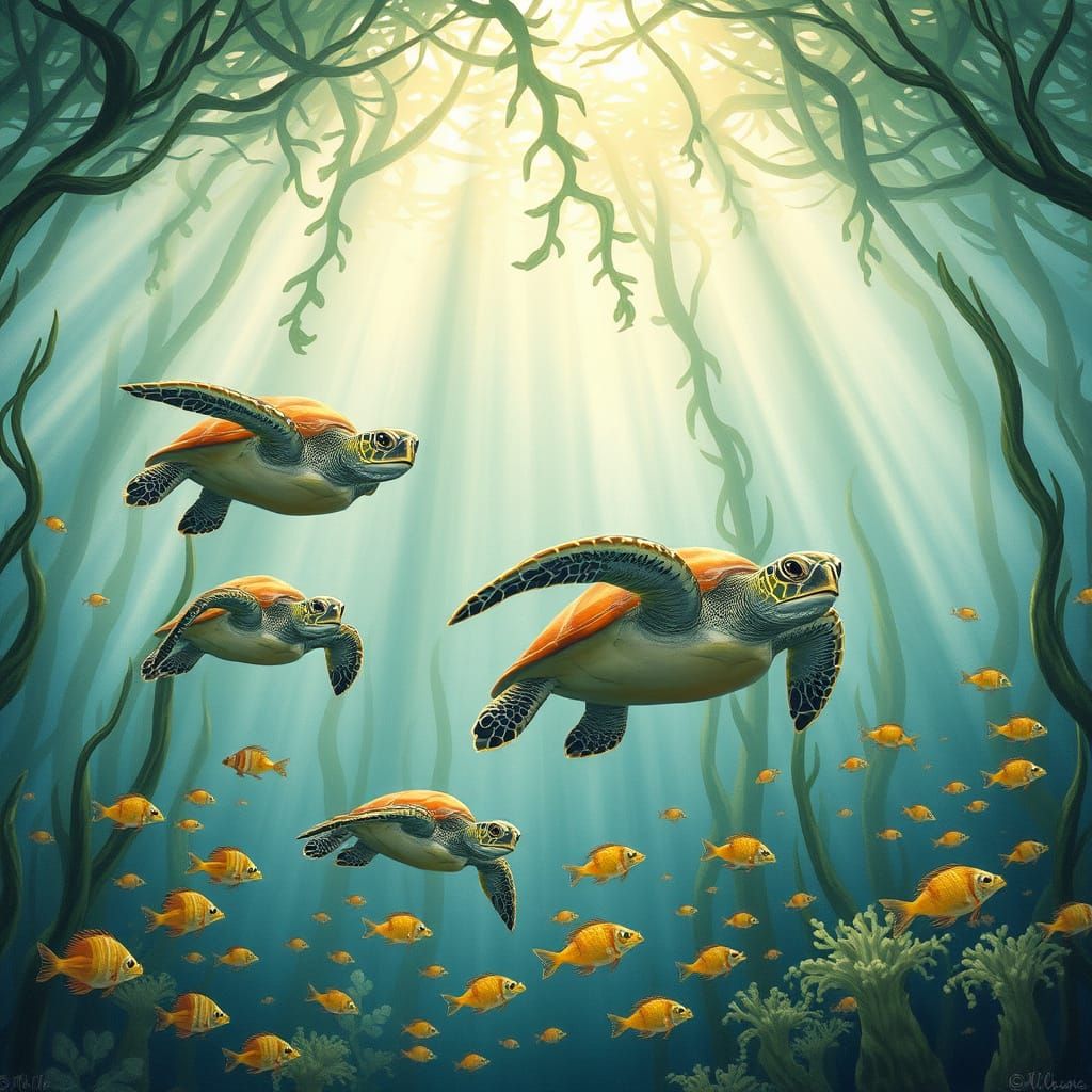 Whimsical Sea Turtles in a Kelp Forest