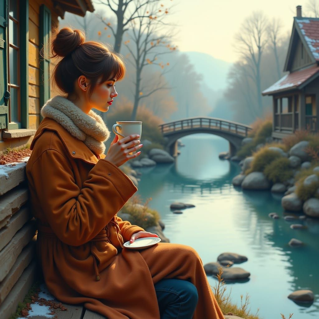 Woman Drinking Coffee by River in Dreamy Pastel Landscape