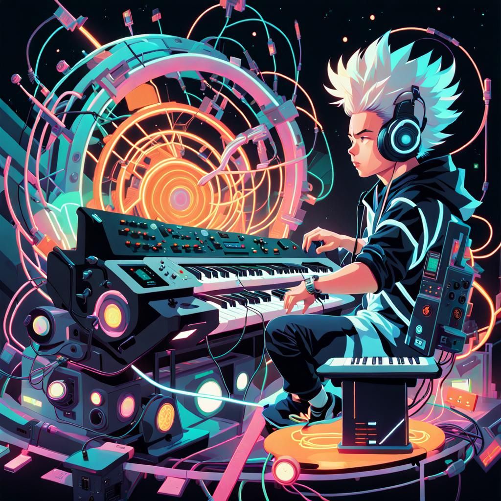 Futuristic Anime Character Playing Synth in Surreal Neon Sce...