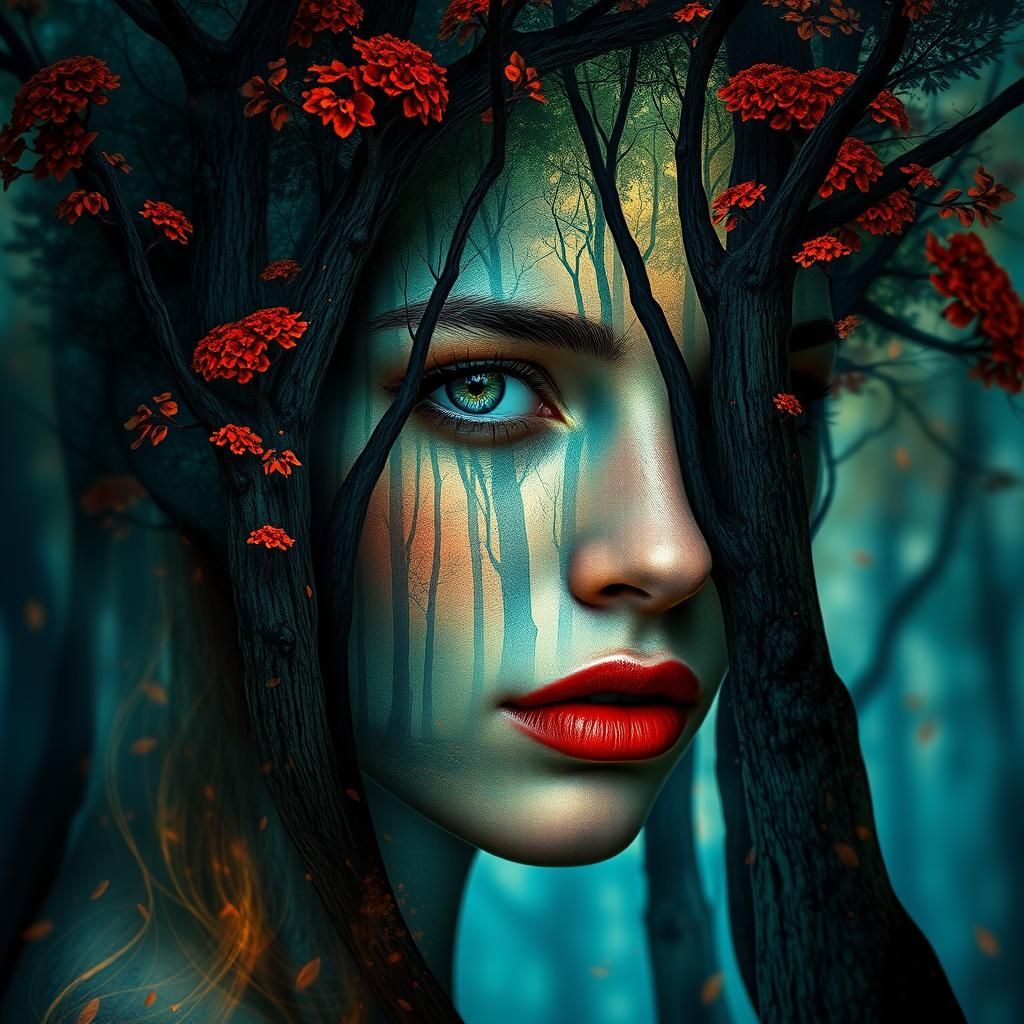 Surreal Portrait: Woman and Forest in Photorealistic Style