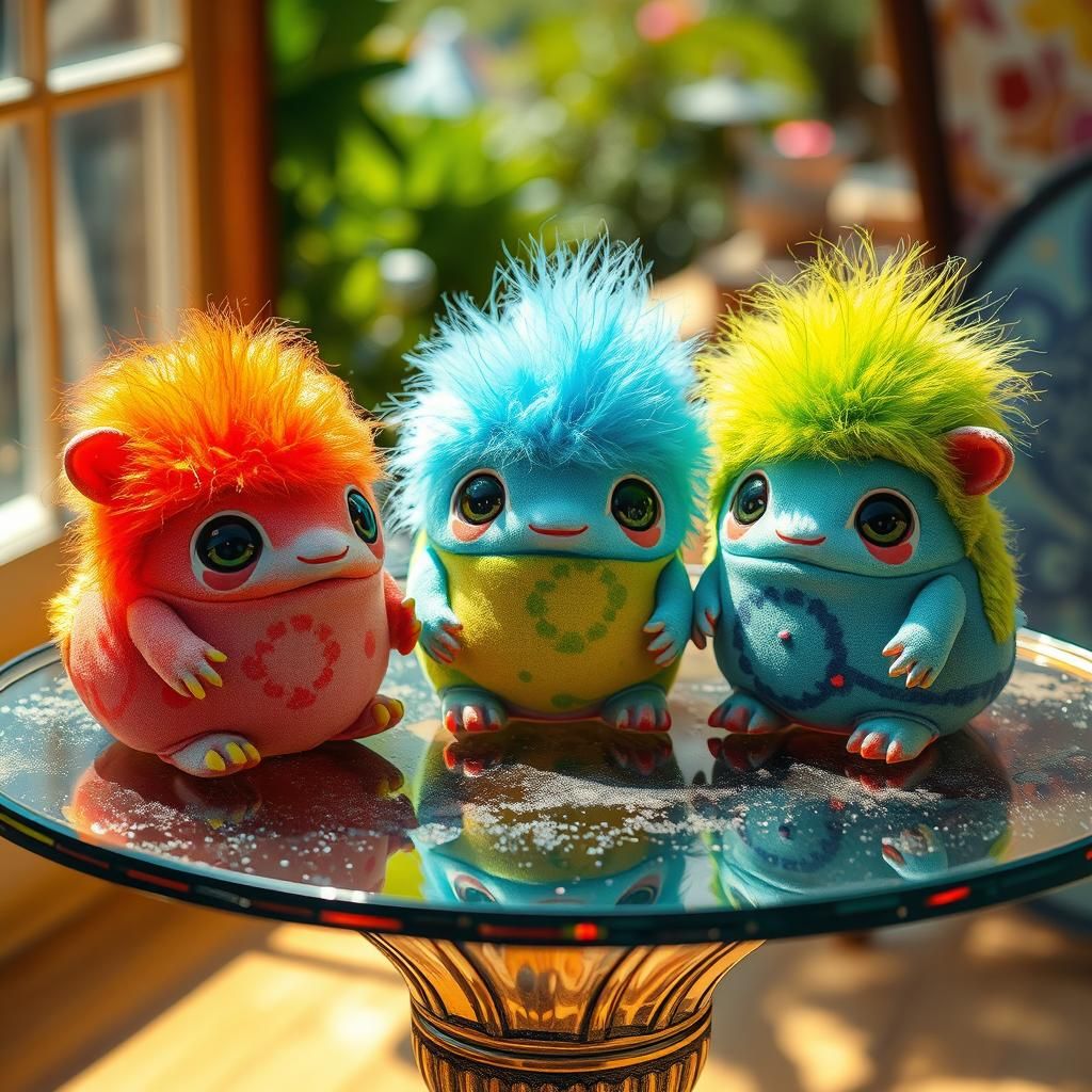 Colorful Fluffy Creatures on Glass Table, Digital Art