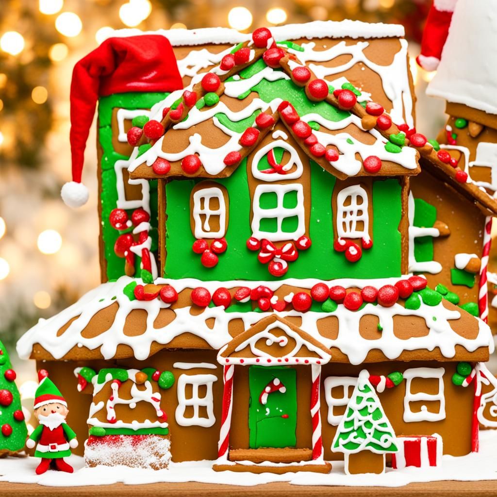 Festive Elf Building Gingerbread House