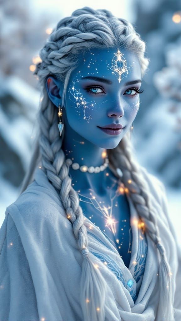 Ethereal Goddess in Nordic Attire, Adorned with Celestial Ma...