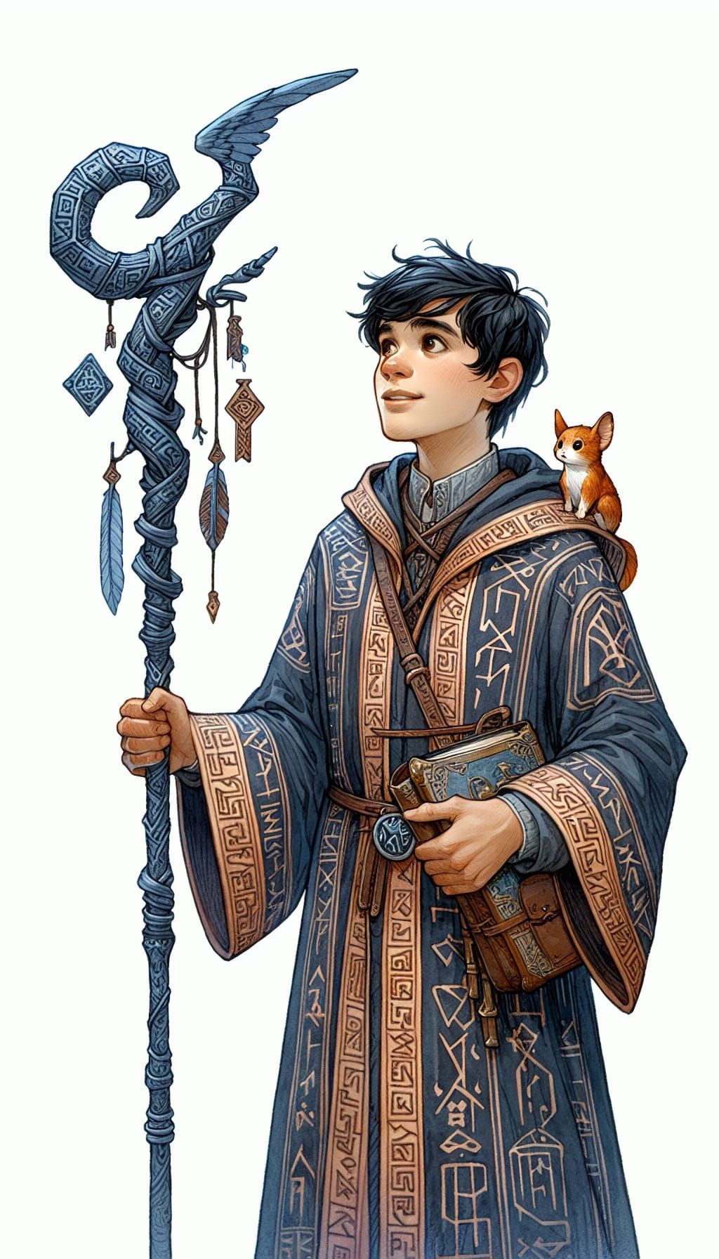 Hopeful Teenage Wizard with Fish Staff, Watercolor