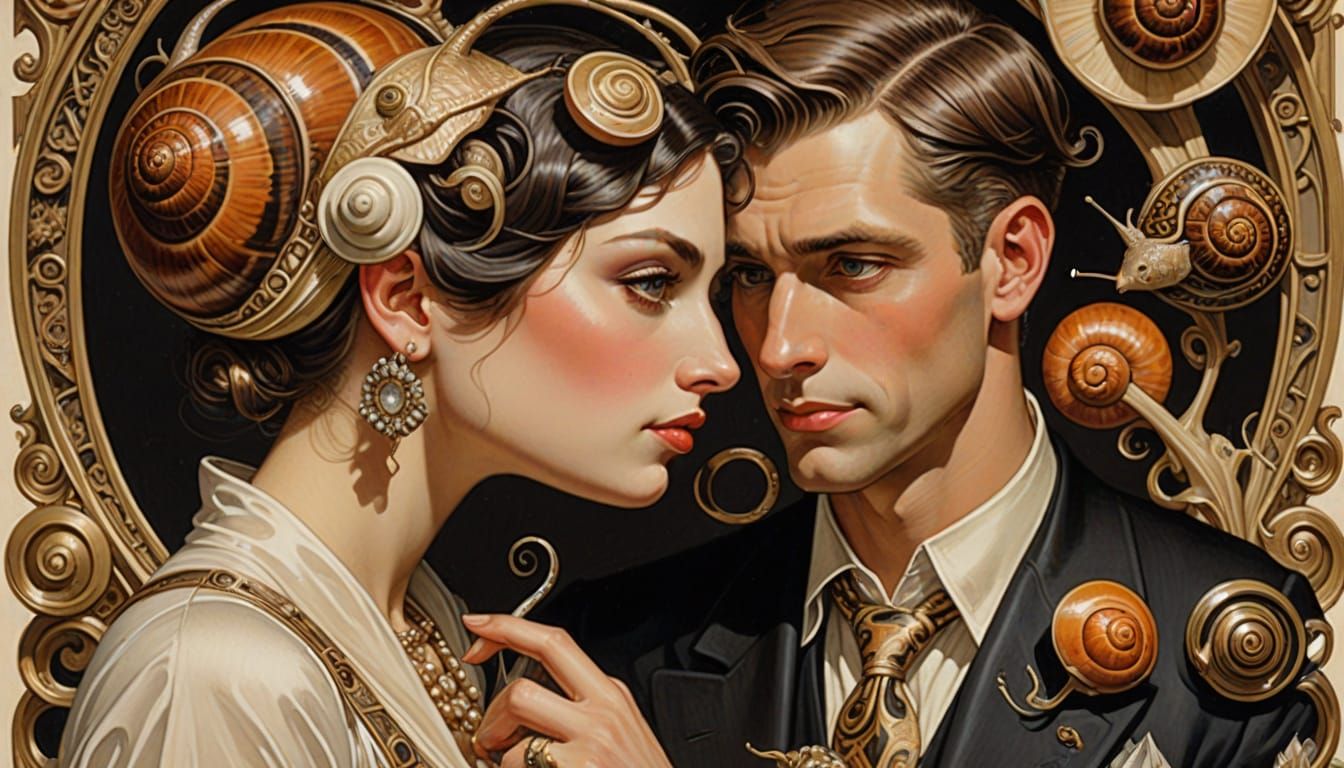Anthropomorphic Snails on a Date, Maximalist Illustration
