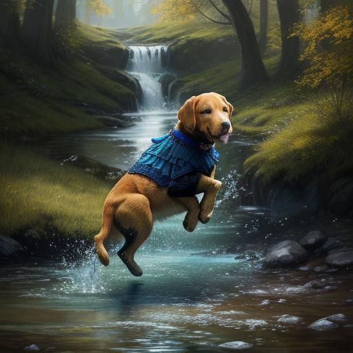 Golden Labrador Puppy Jumping in Stream: Fantasy Art
