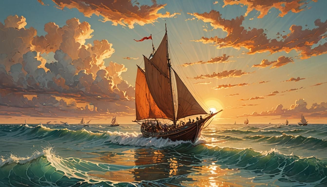 Bireme in Waves: Moebius Style with Aquamarine Sky