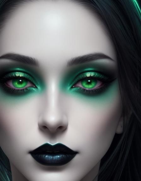 Ethereal gothic young lady with black hair and green eyes with shimmery green eyeshadow with Black eyeliner and shimmery...
