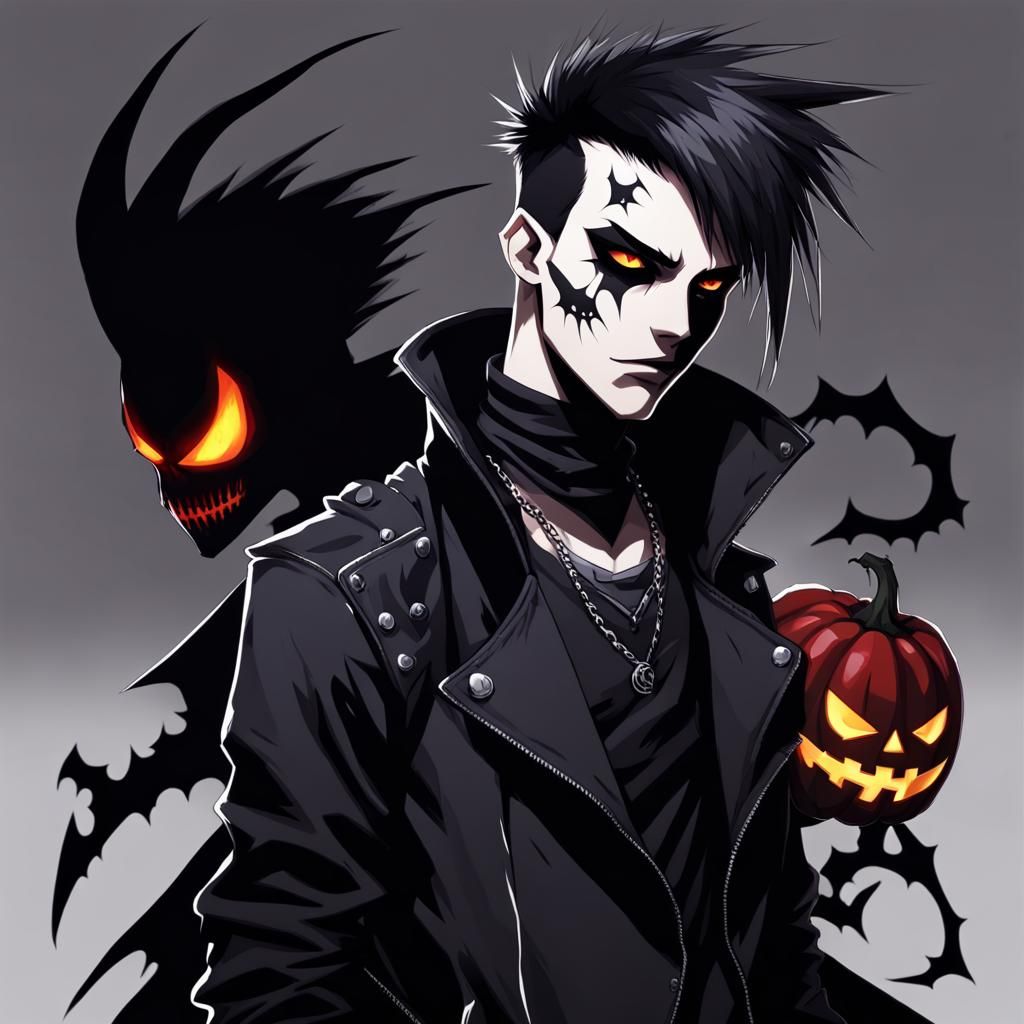 halloween anime punk goth guy with shadow fiend looming over shoulder