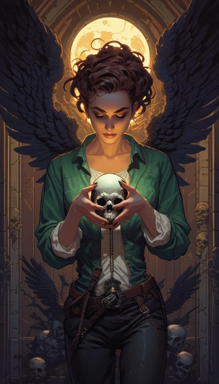 Pixel Art Angel Grabbing Skull in Shadow