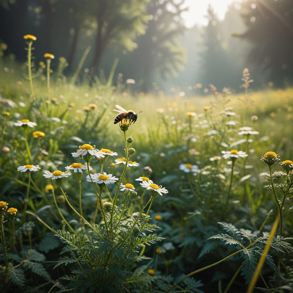 Surreal Landscape of Lush Meadow with Bees and Medicinal Her...