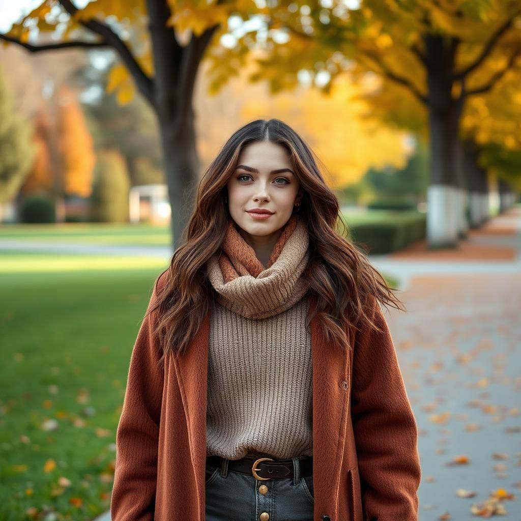 Brunette in Autumn Outfit Walking in Park