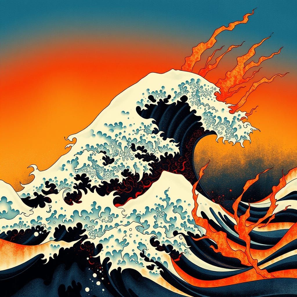 Dynamic Japanese Erazumi Art with Waves and Flames