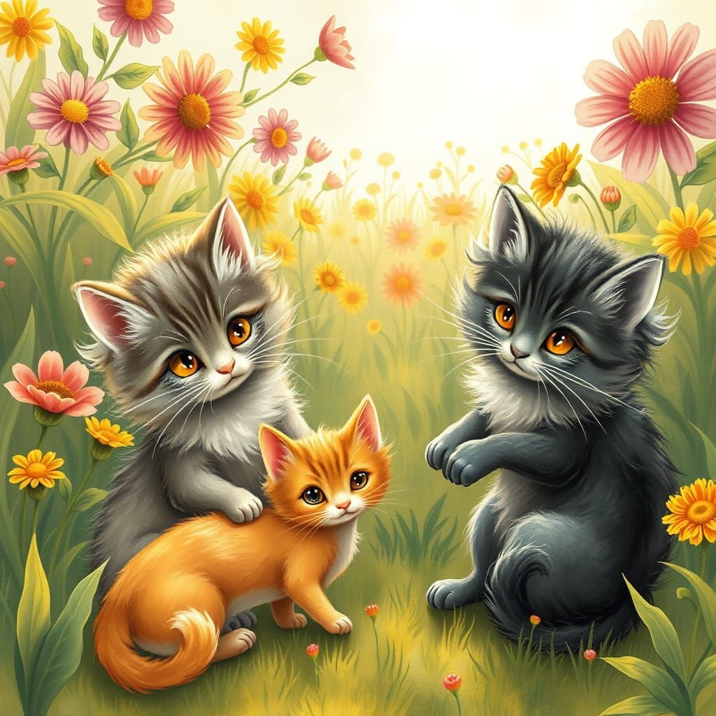 Charming Whimsical Cats in a Sunny Garden