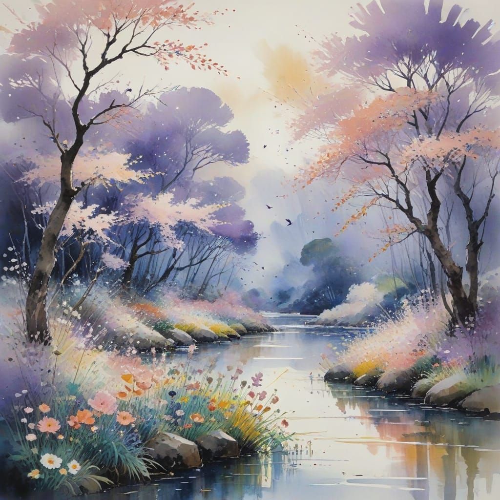 Whimsical Blossom Tree Scene in Vibrant Pastel Hues