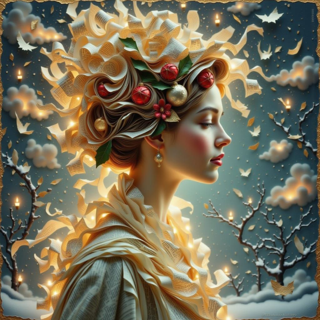 Surreal Christmas Portrait of Elegant Woman with Paper Hair