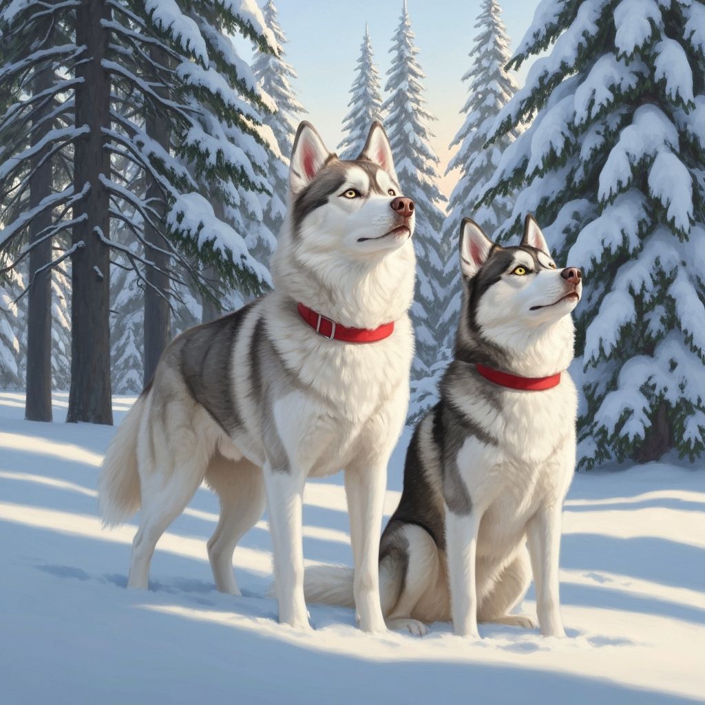 Siberian Huskies in Snowy Forest, Digital Painting