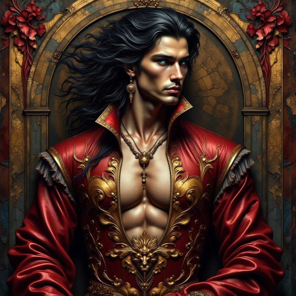 Gothic Red: Chiseled Warrior in Velvet Shadows
