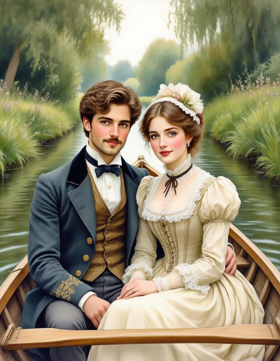 Victorian Couple in Rowboat: Watercolor Portrait
