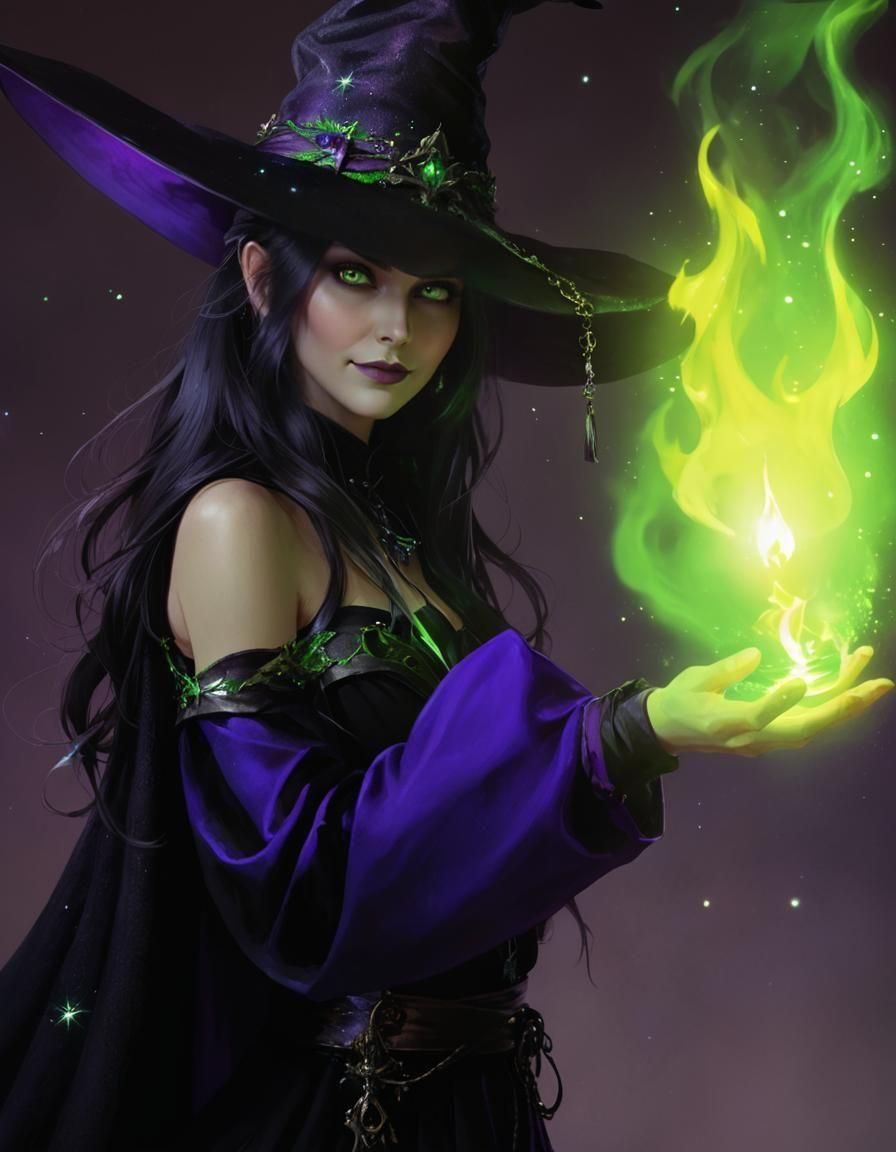 Pretty Witch with Green Flame, Halloween Portrait