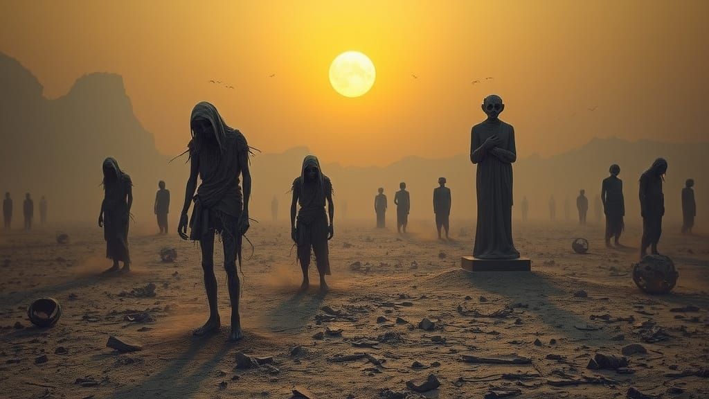 Desolate Wasteland with Hollow Figures in Dystopian Style