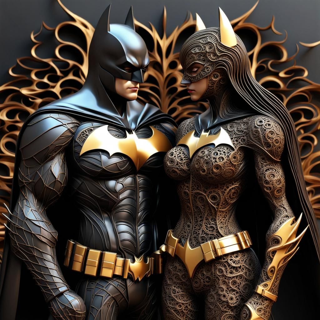 Batman and Batwoman as Wired Metal Sculptures