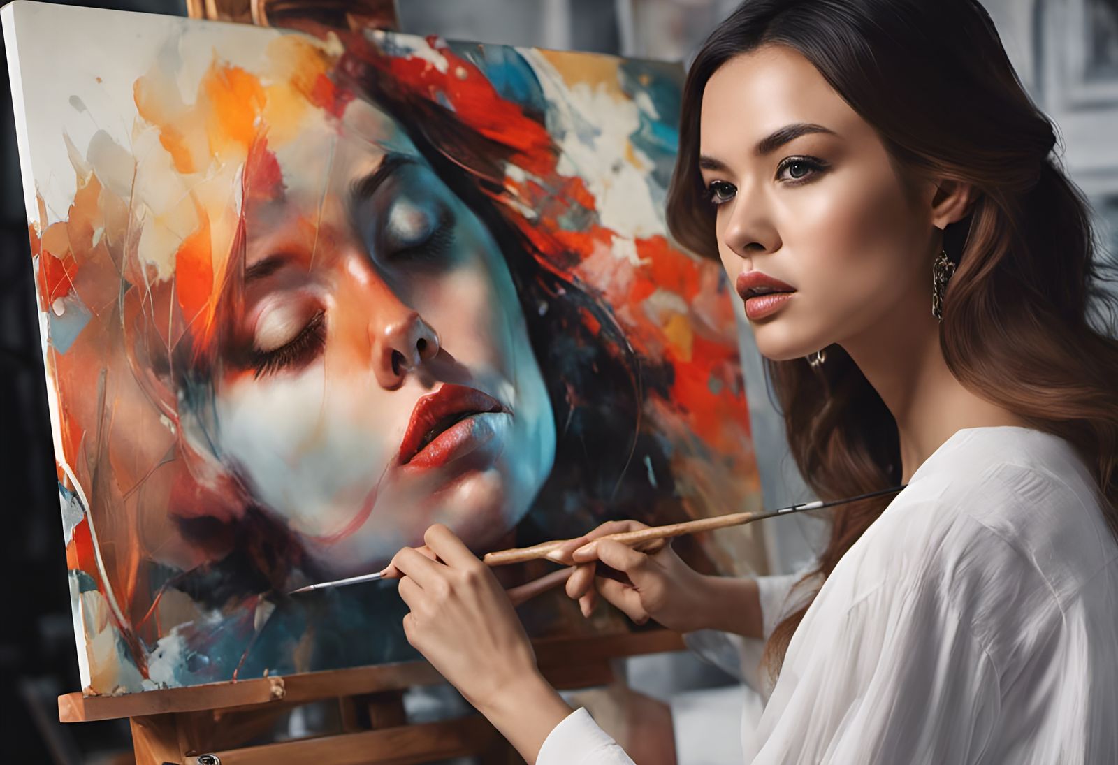 Female artist looking into a mirror and painting a self portrait