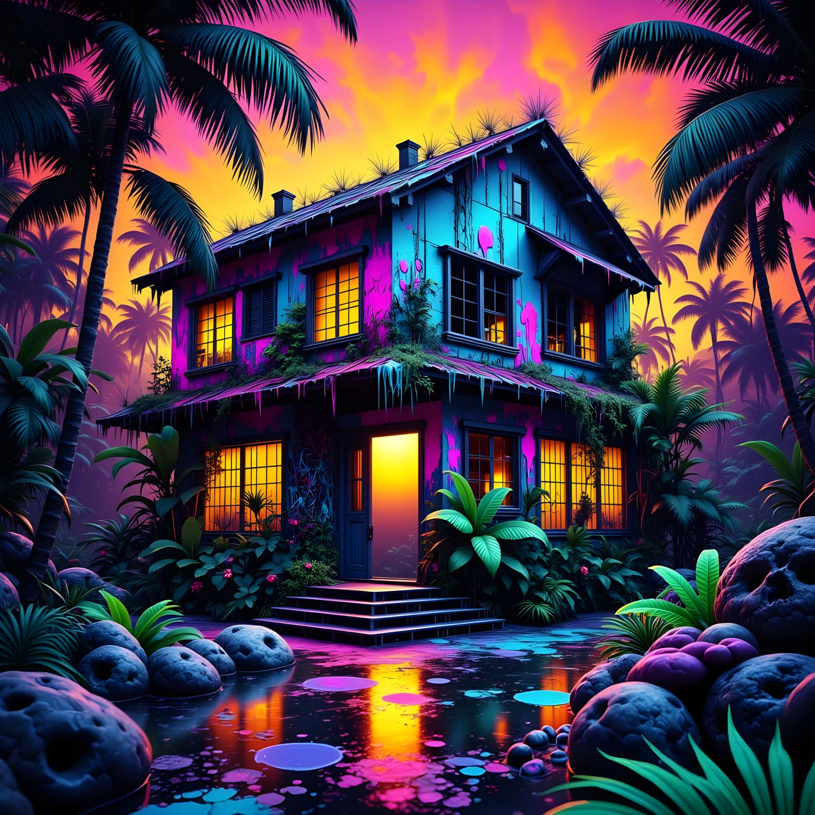 Overgrown Jungle Shack with Neon Graffiti Art