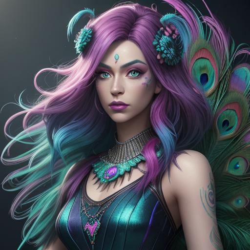 Surreal Woman with Peacock Feathers, Digital Art