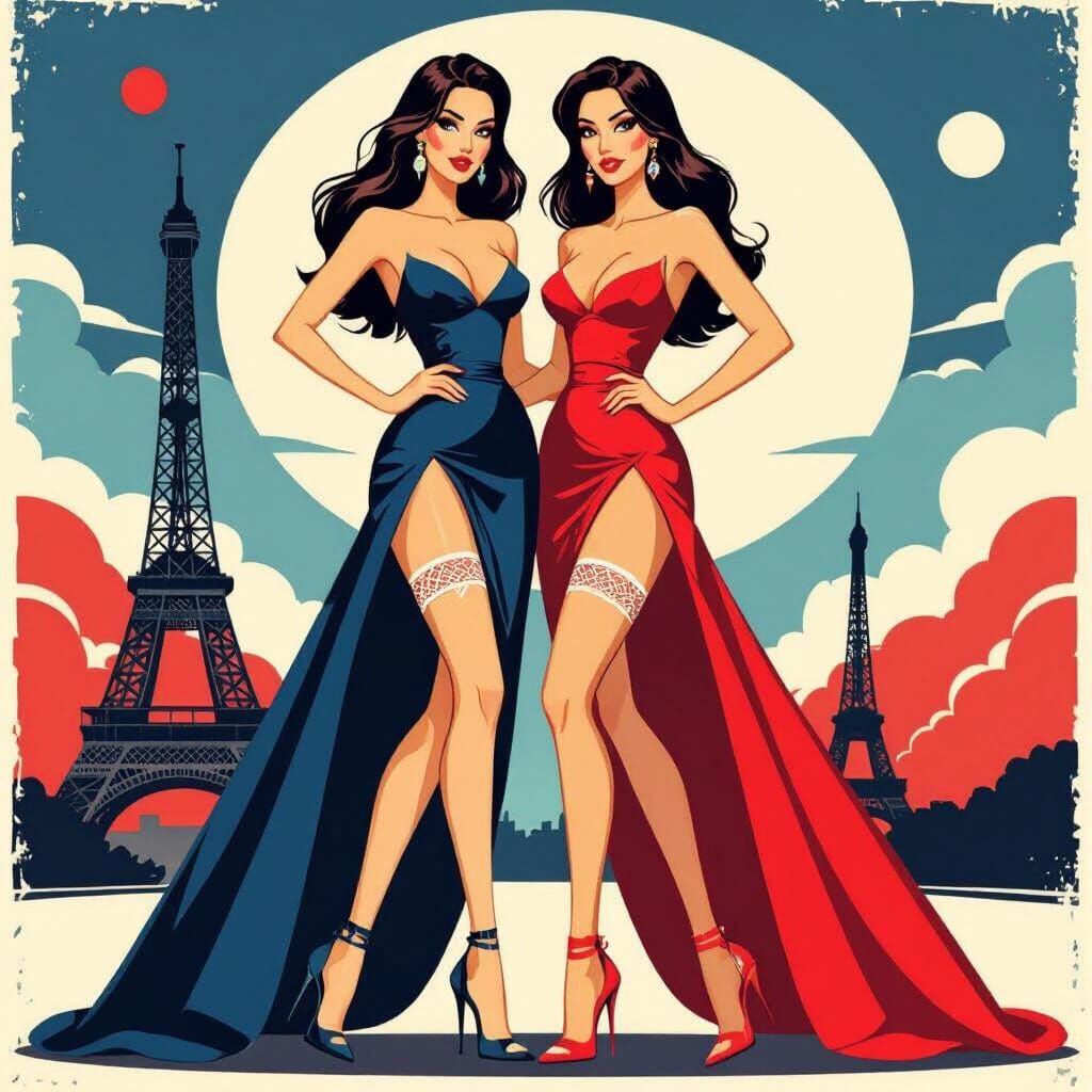 Glamorous Women Pose at Eiffel Tower in Retro Chic Style