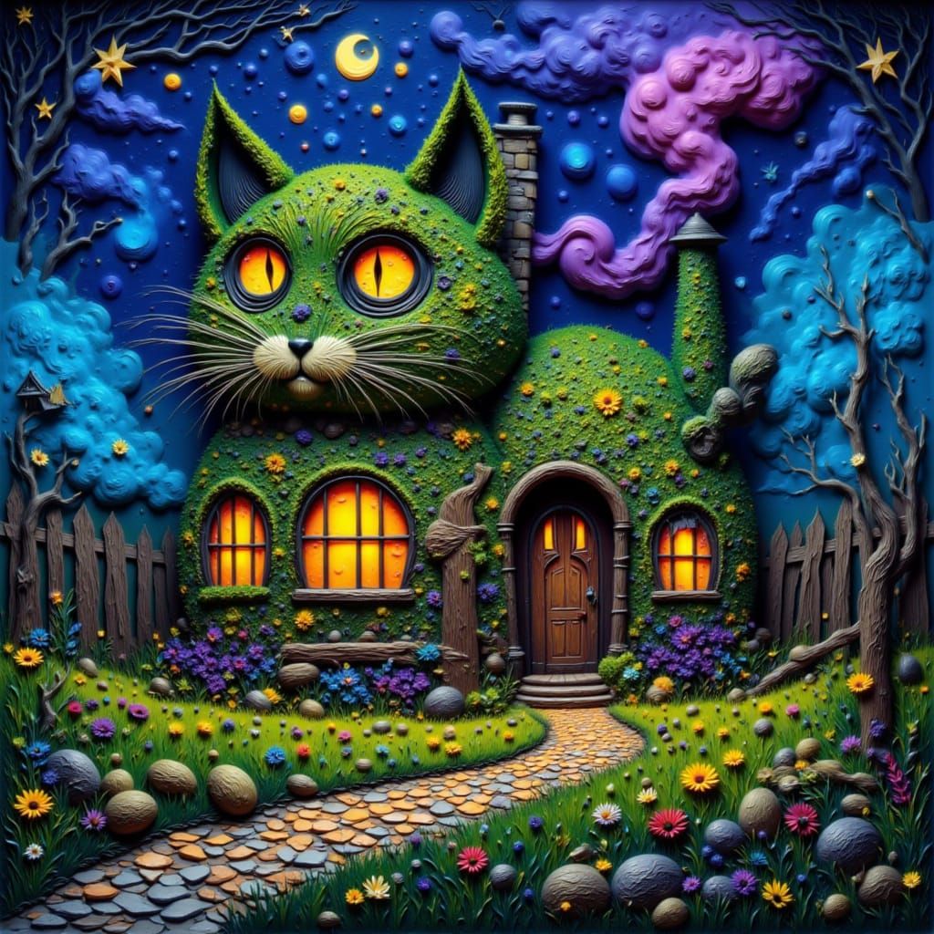 Whimsical Cat House in Starry Meadow