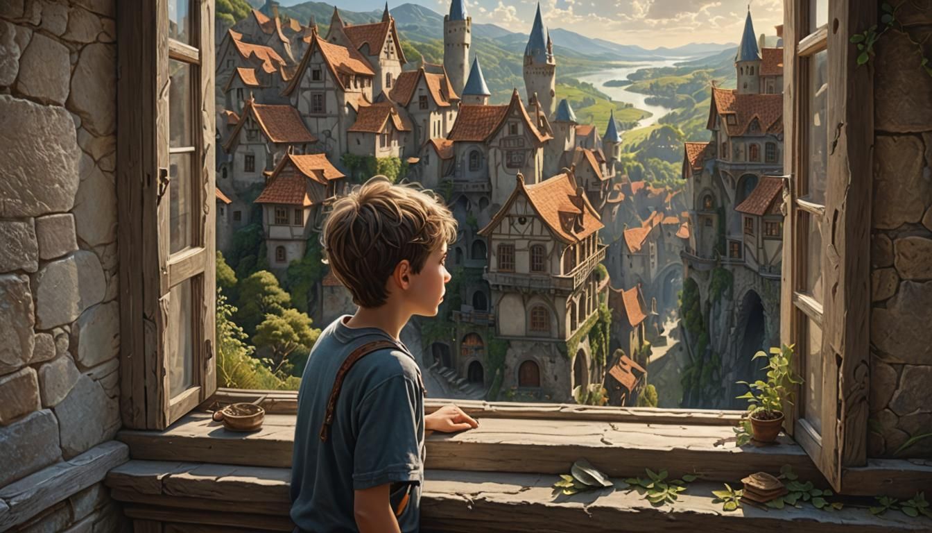Boy Looks Out Window to Fantasy Kingdom