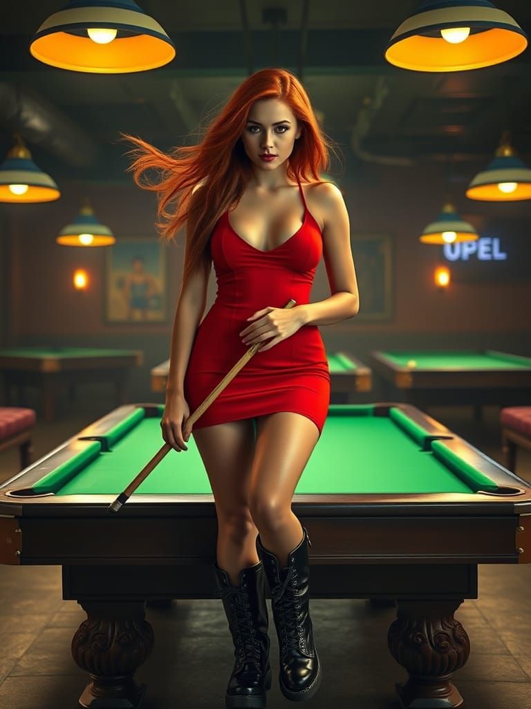 Confident Woman with Red Hair in Pool Hall