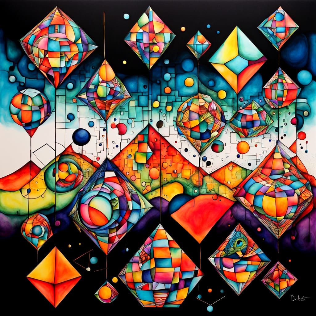 Vibrant Math Equations in Alcohol Ink, 3D Geometric Style