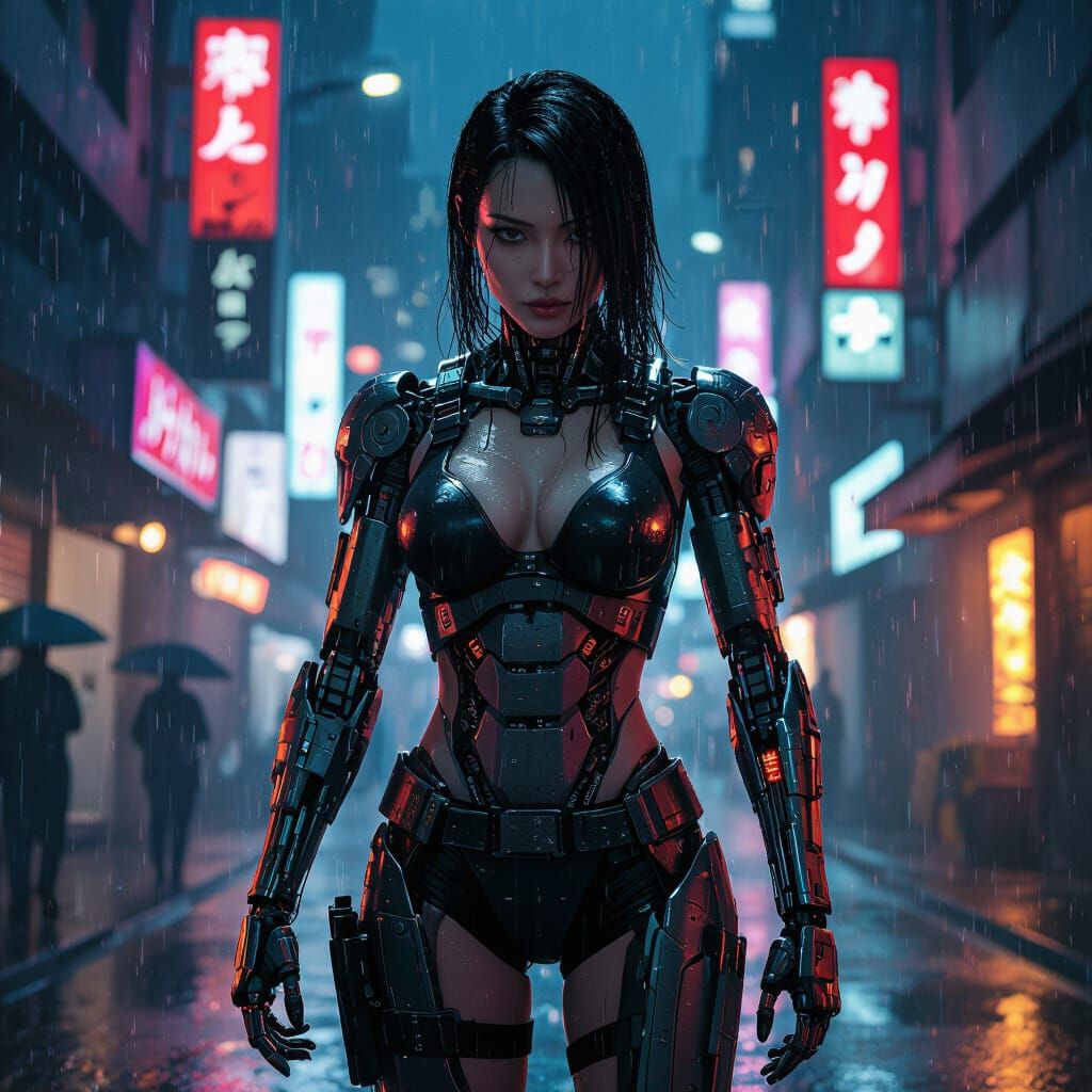 Cyborg Warrior in Neon Tokyo Street