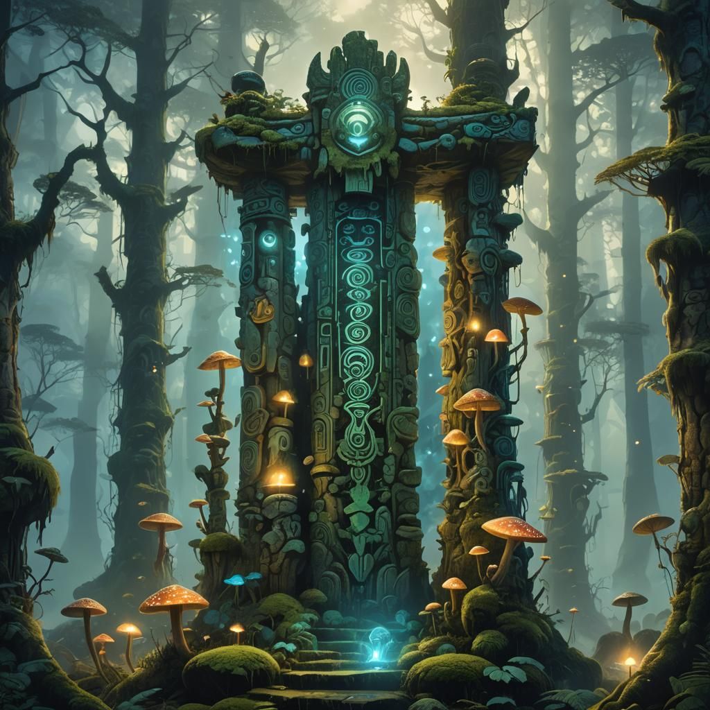Glowing Digital Totem in Dreamlike Forest, Art Nouveau