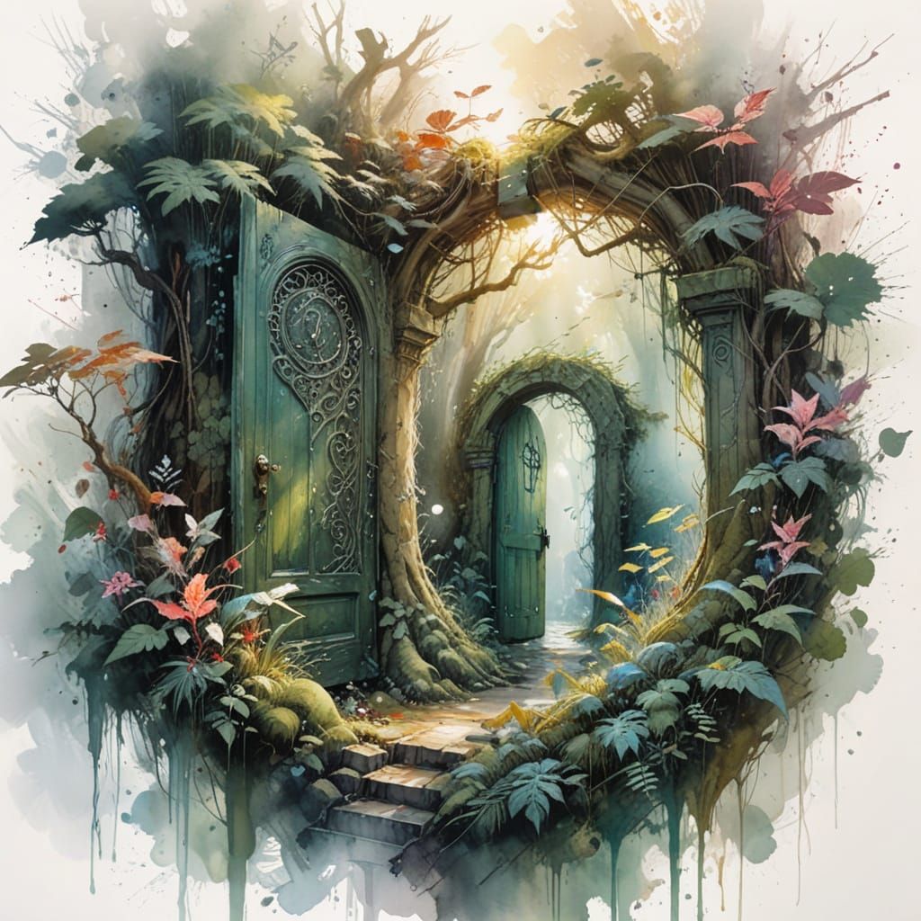 Enchanted Forest Portal with Glowing Runes in Watercolour