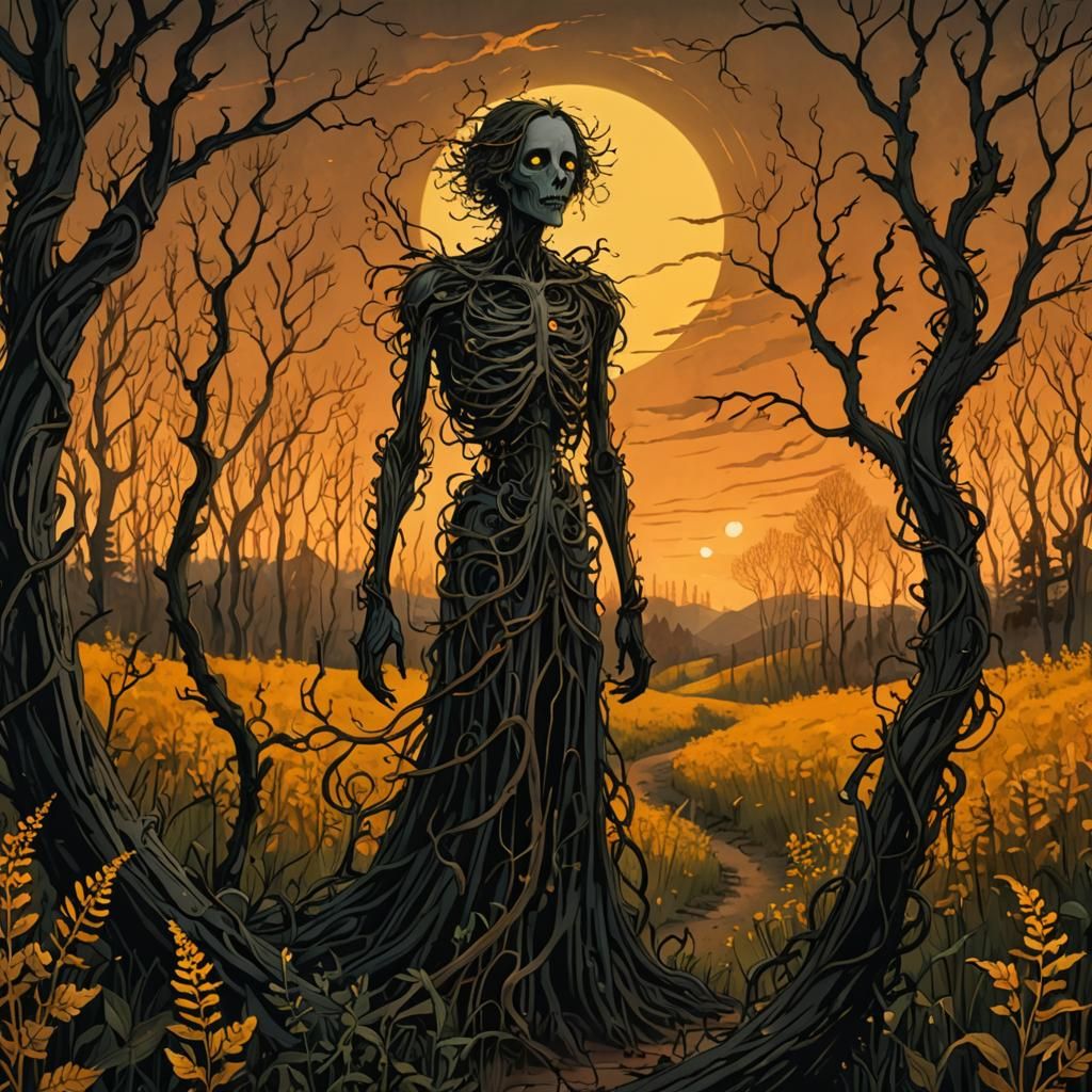Cursed Figure in Autumn Meadow: Dark Fantasy Illustration