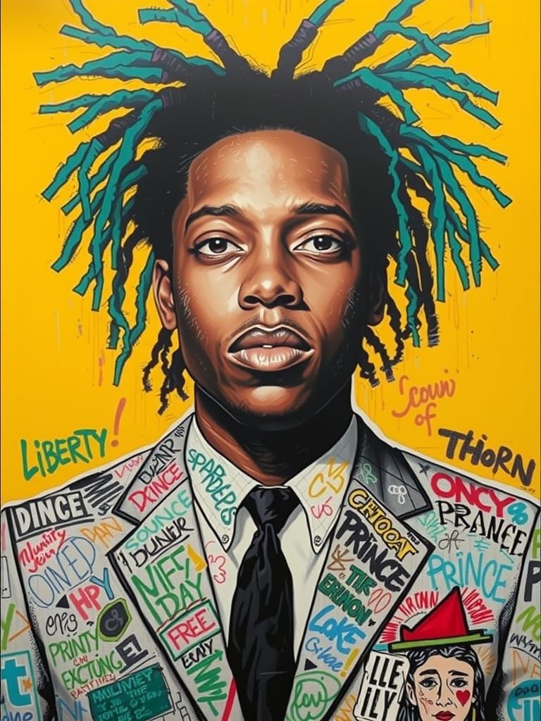 Vibrant Mixed-Media Portrait in Basquiat Style