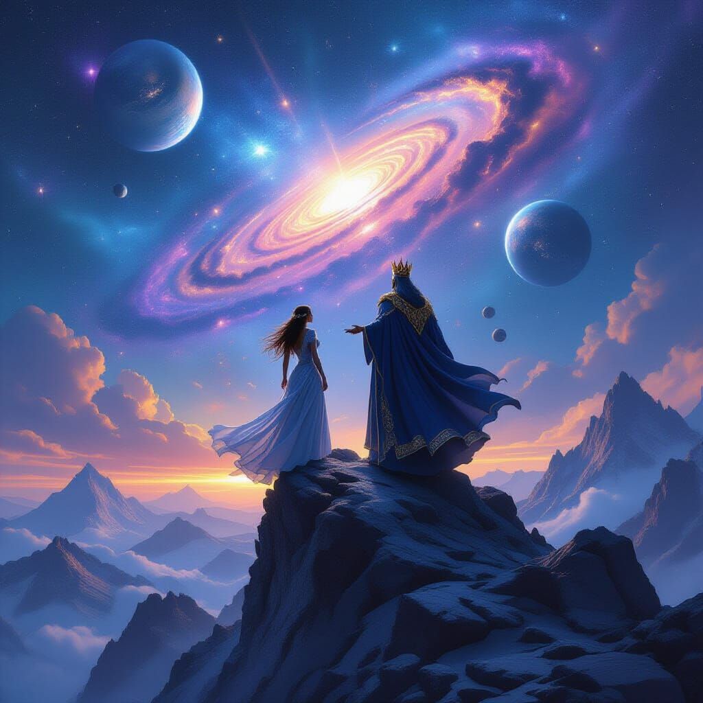 Sorceress and King Channel Cosmic Energy on Mountain Peak