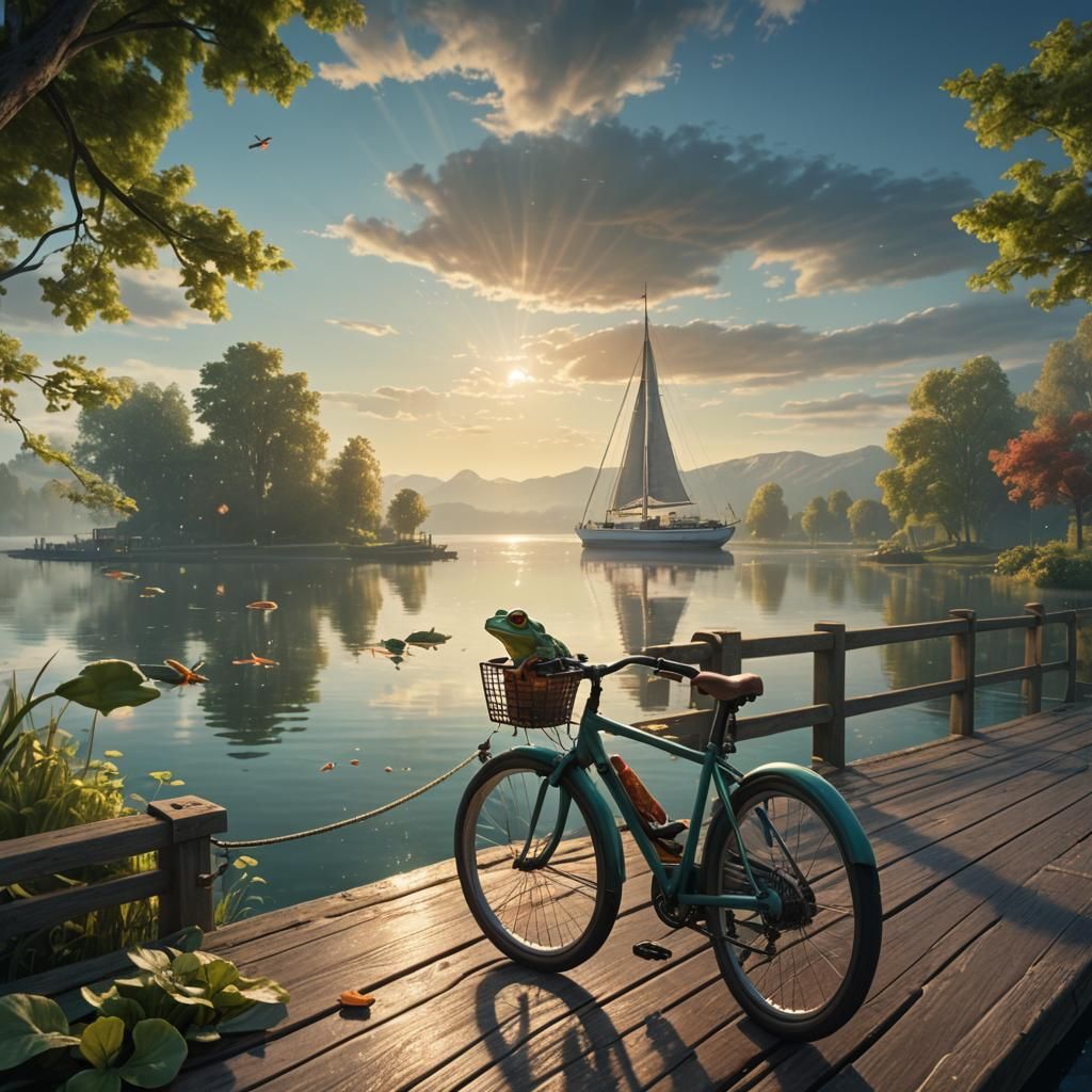 Frog on Bicycle at Pier: Cinematic Digital Painting
