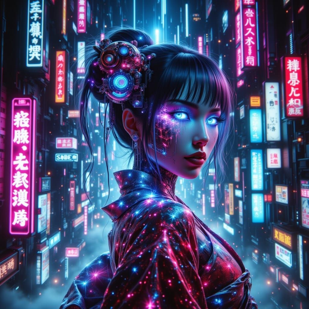 Cyberpunk Geisha Dancing in Neon Cityscape