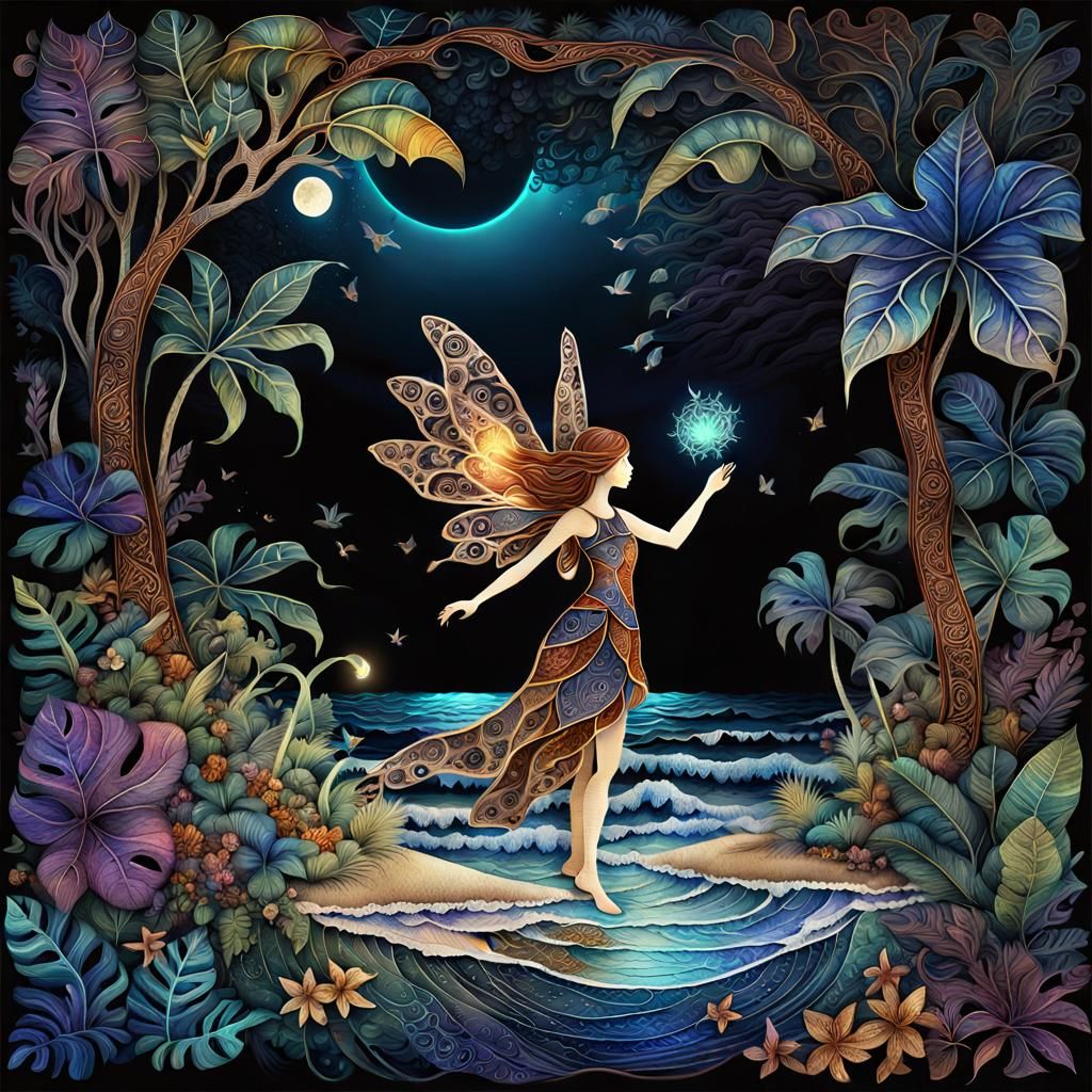 Fairy at Tropical Beach Night: Dark Fantasy Concept Art