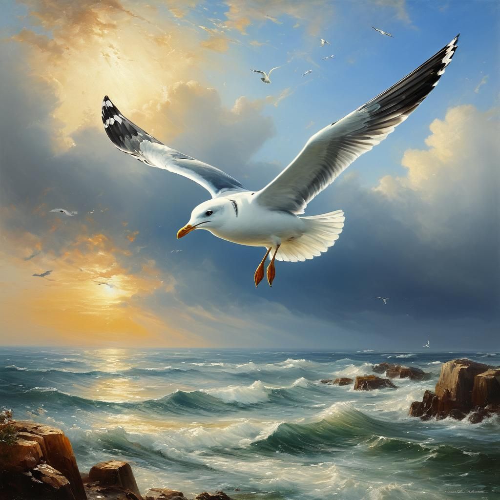 Seagull in Flight: Oil Painting Animal Portrait