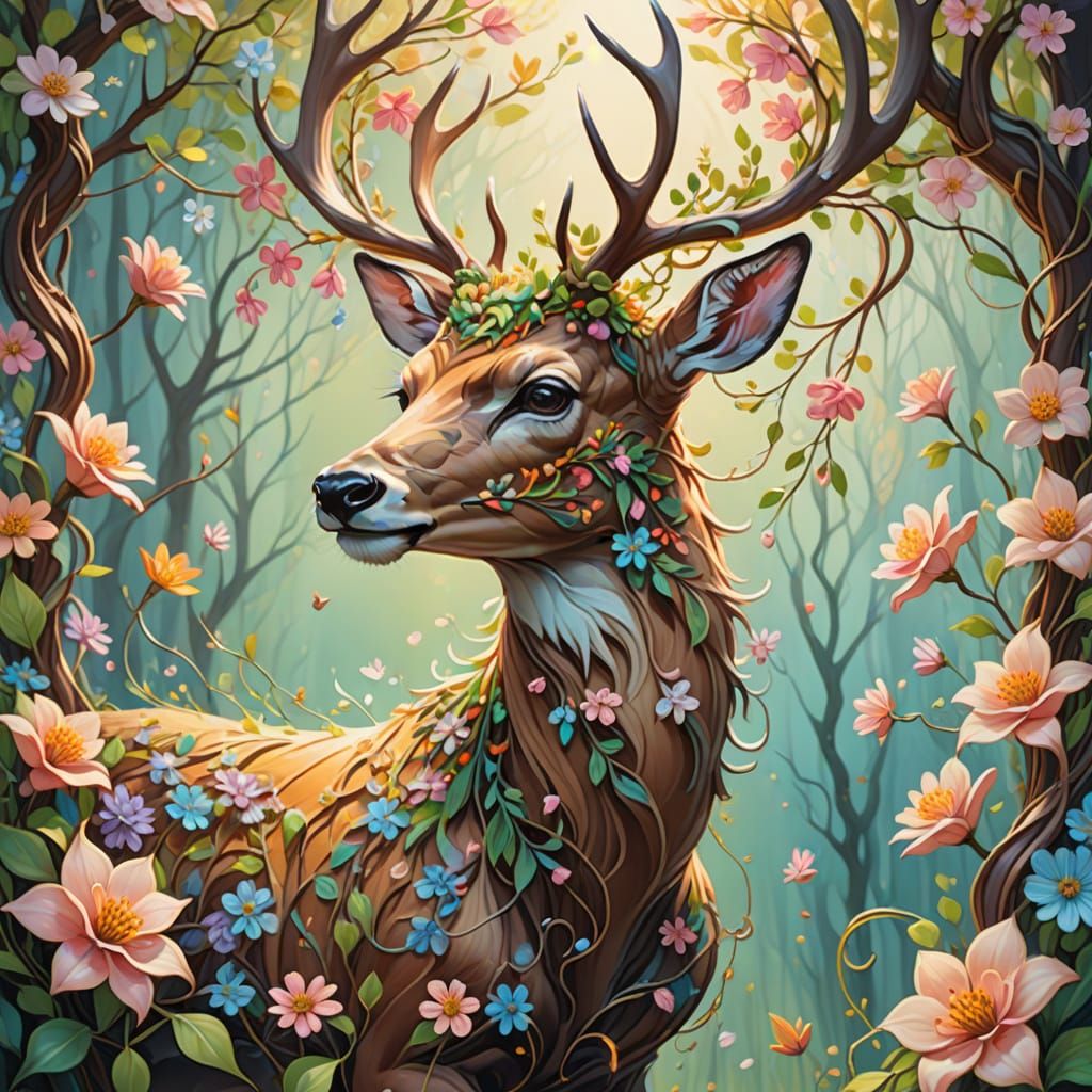 Floral Deer Runs in Fantasy Oil Painting