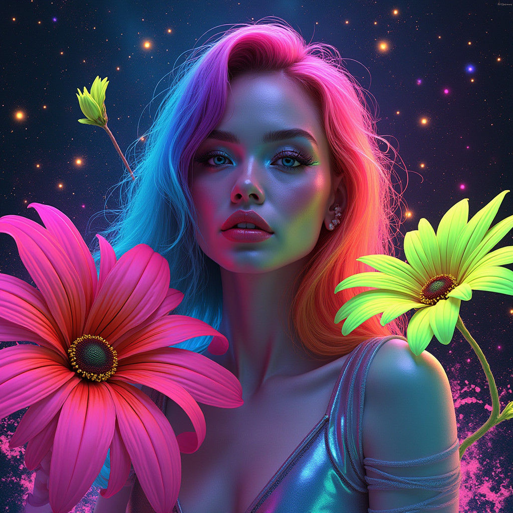 Neon Woman in Cosmic Cyberpunk Landscape