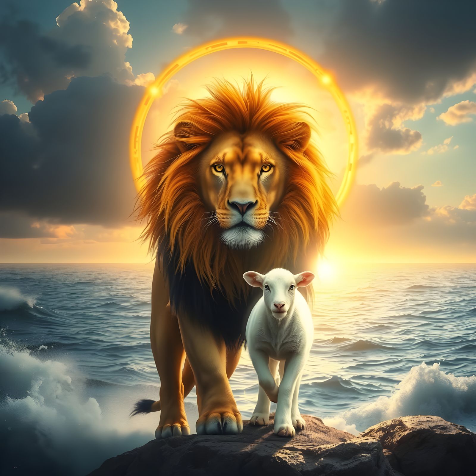 Cosmic Lion Transforms into Radiant Lamb in Shimmering Vastn...