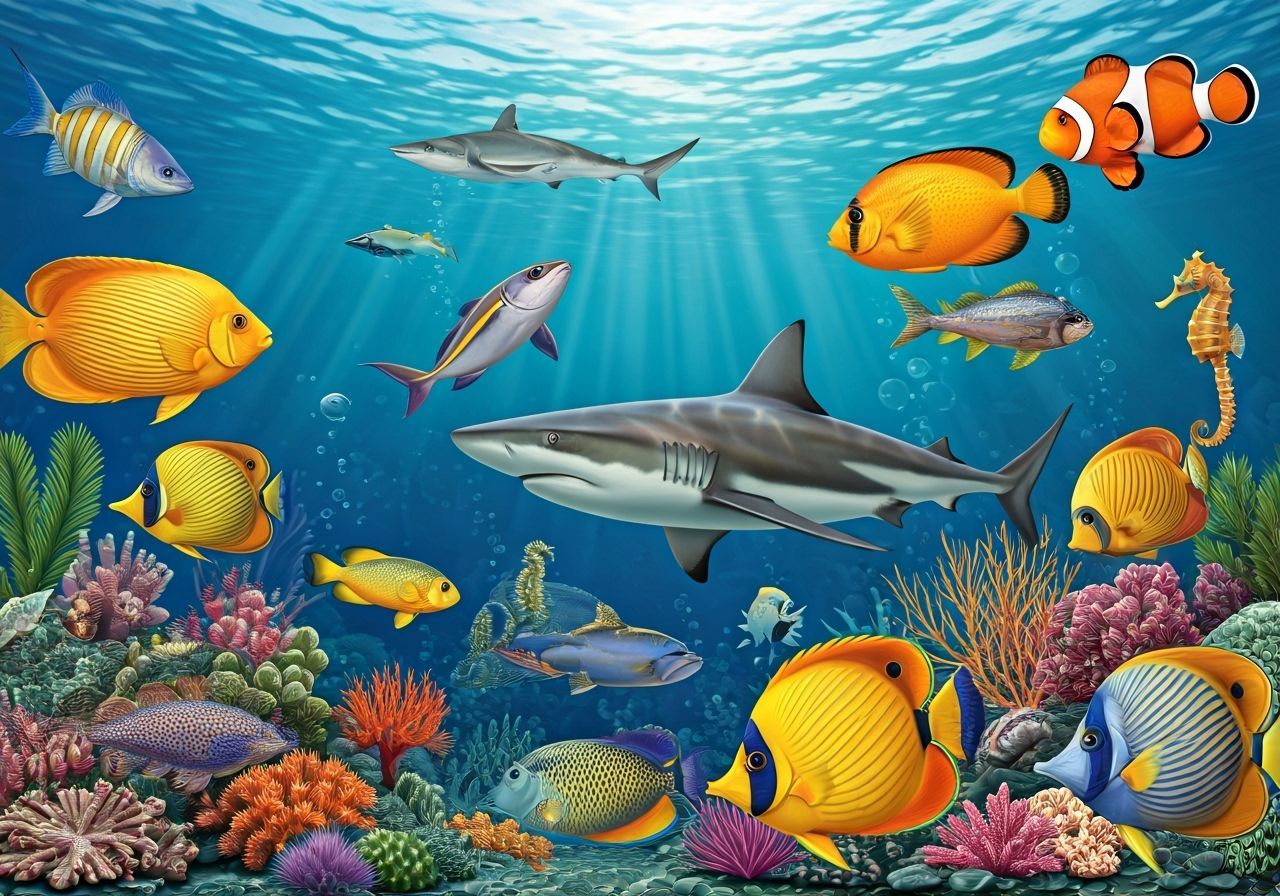 Vibrant Marine Fish Collage in Vintage Natural History Style